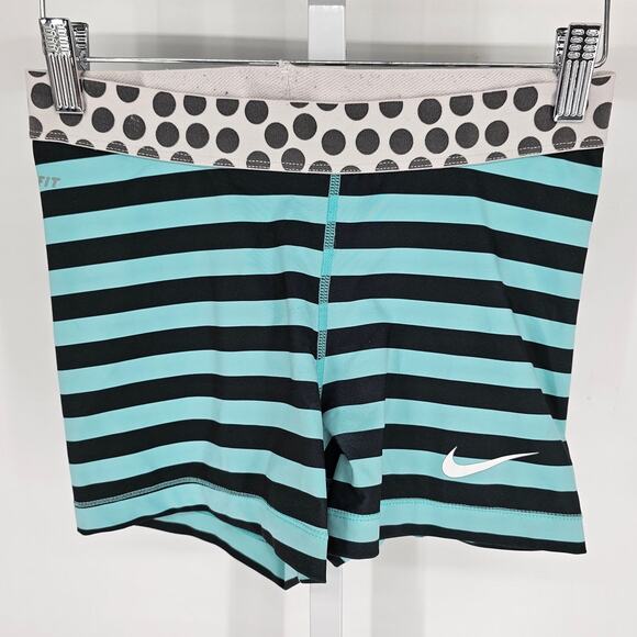 Nike Pro Womens Sz M Compression Athletic Running Shorts Black Blue Striped - Picture 1 of 4